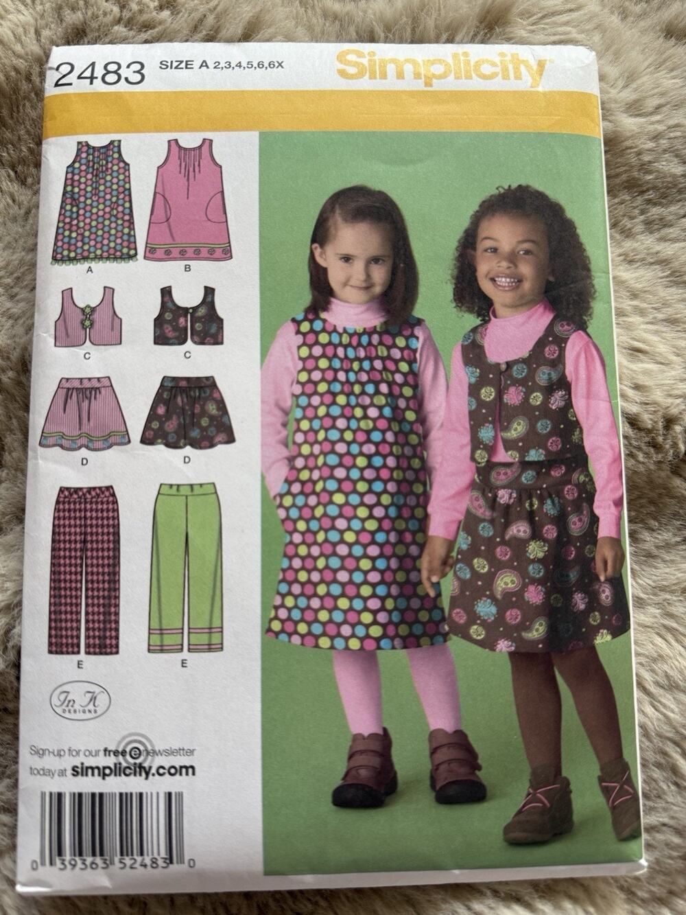 Simplicity 2483 Girls Jumper Dress Vest Pants Sewing Pattern Sizes 2-6X UNCUT